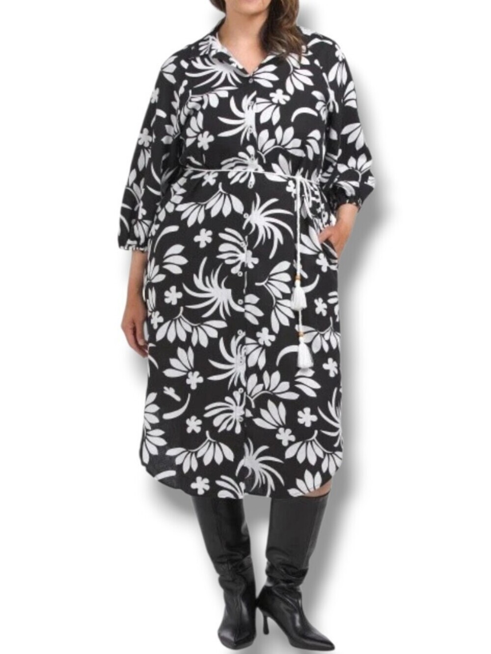 FOR CYNTHIA Linen Button Front Floral Dress